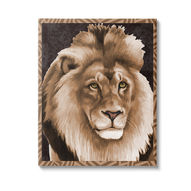 Lion avec bordure géométrique, art mural par Lucca Sheppard, H 40 po x l 30 po