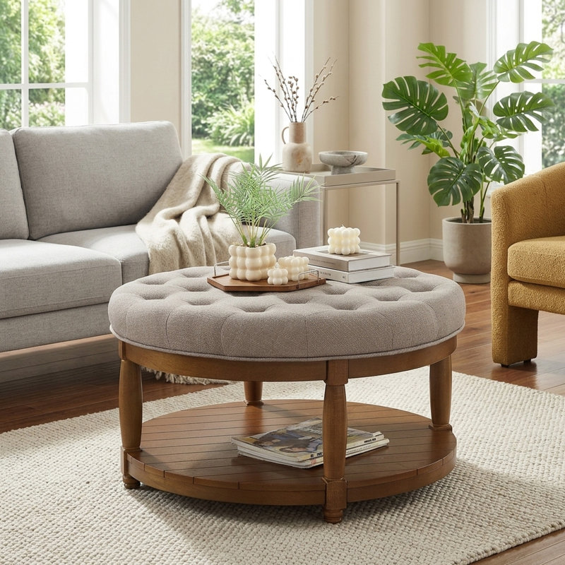 Table basse ronde capitonnée FFZ 32,5 po avec tablette de rangement en bois massif et revêtement en lin