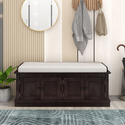 Hippolytus 42.7"Wood Storage Shoe Bench with 4 Doors and Adjustable Shelves and Removable Cushion