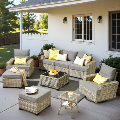 Carolle 8-Piece Outdoor Patio Furniture All-Weather 7-Person PE Wicker Outdoor Conversation Set, Patio Couch Swivel Rocker Chairs With Solar Powered Coffee Tables For Backyard,Poolside,Deck