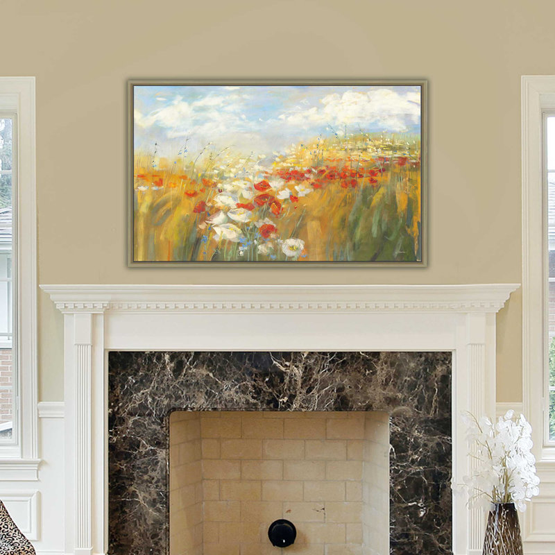 Coquelicots et larkspour - Peinture, Cadre flottant champagne, H 27,5 po x l 43,5 po x P 2 po