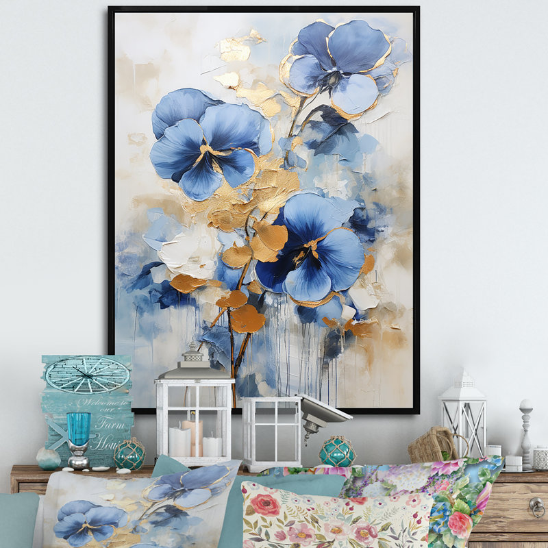 Bleu et or Minimalisme Pansy Radiance Bouquet II, Cadre flottant noir, H 32 po x l 24 po x P 1 po