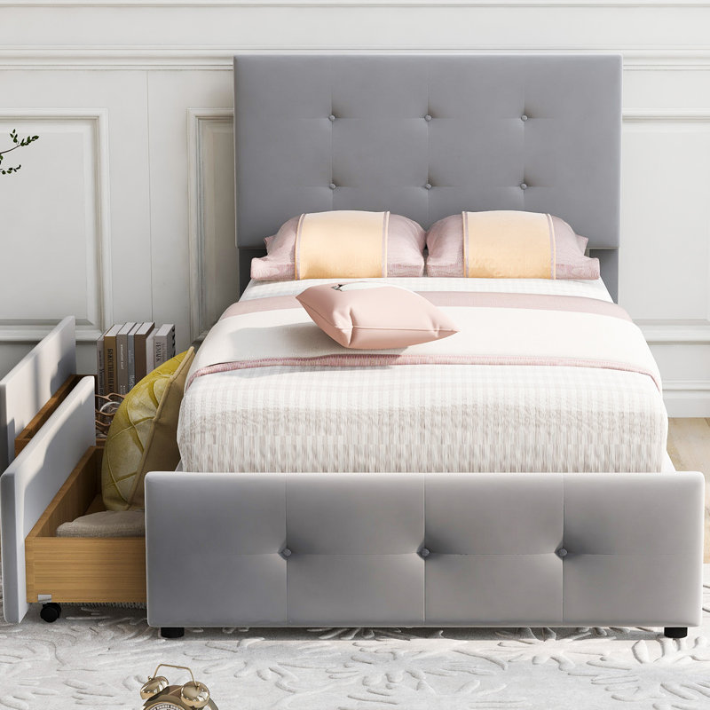 Yvoire Upholstered Storage Bed, European Single (90 x 200cm), Grey