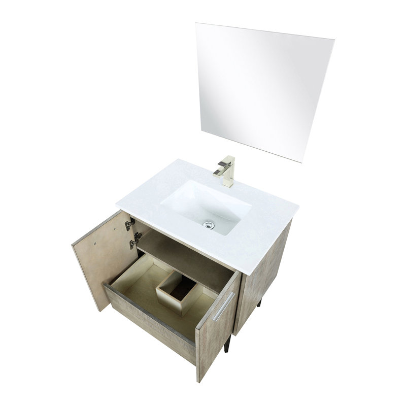 Meuble-lavabo rustique de 76 cm (30 po), surface en marbre reconstitué, robinetterie et miroir de 71 cm (28 po) inclus, comptoir de salle de bain de 51 cm (20 po) de profondeur, bordure décorative