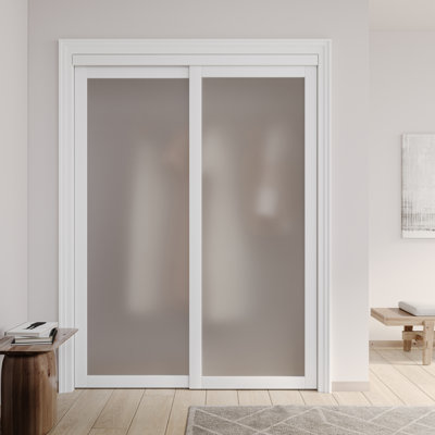 80" 1 Lite Tempered Frosted Glass and MDF White Pantry Sliding Closet Door with Hardware