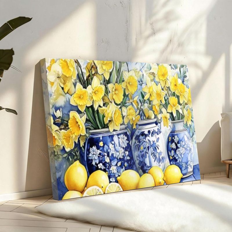 Citron, art mural, toile de cuisine, cadre en bois massif, impressions, jaune citron avec poterie bleue (jaune, 16 po x 24 po)