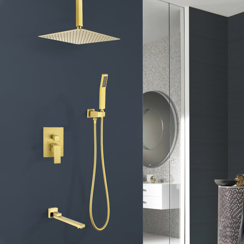 1-Spray Patterns 16 In. Dual Fixed And Handheld Shower Head With Bathtub Faucet 2.5 GPM In Brushed Gold