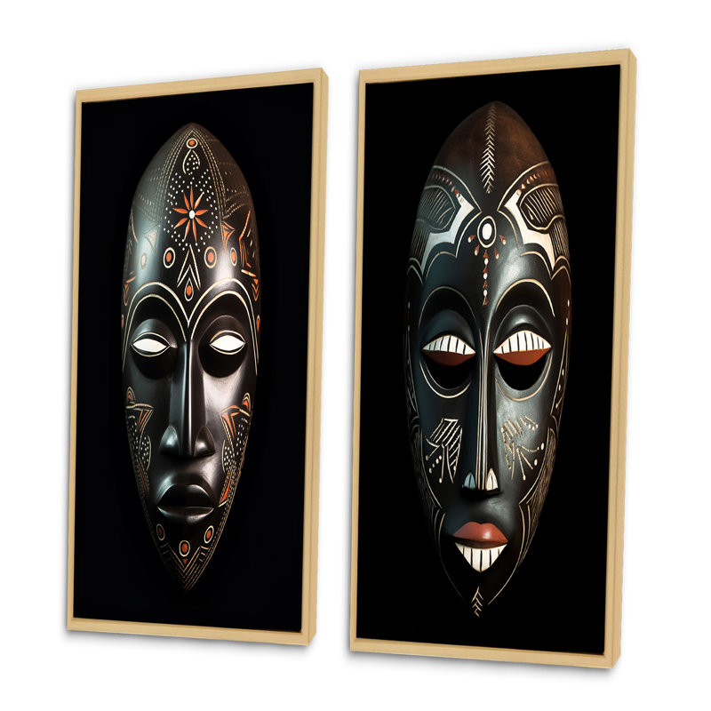 2 pièces sur toile - Masque africain traditionnel vietnamien, H 40 po x l 40 po, Encadrement brun