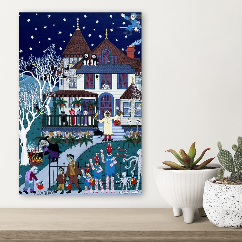 Spooky Halloween House Whimsical Abstract Contemporary Bat Cat Architecture Landscape Wall Art Print, H 18 po x l 12 po