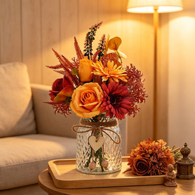 Fleurs artificielles avec vase, arrangement en fausse soie pour la décoration de table de salle à manger de ferme, pièce maîtresse de bureau à domicile rustique, décoration de table d'automne automne rouge jaune