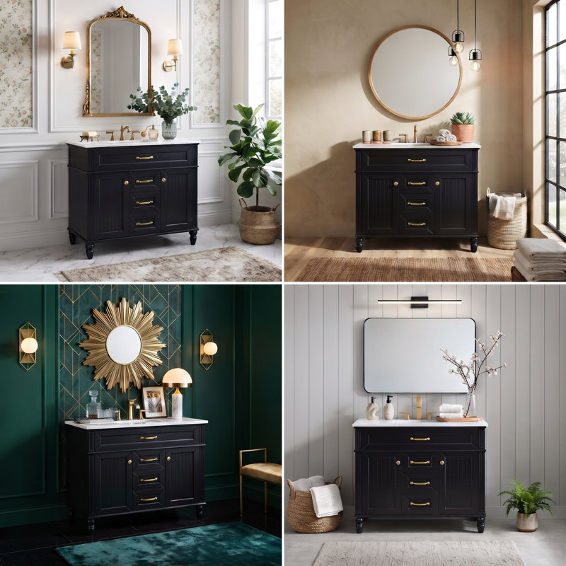 Ensemble de meuble-lavabo 36 po en bois massif et panneau de fibres à densité moyenne avec évier, armoire de rangement robuste avec portes à fermeture en douceur et 3 tiroirs (blanc / noir / vert)
