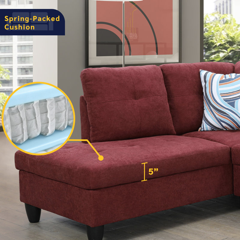 Gonen Upholstered L-Shaped Sectional, Left Hand Facing, Red Velvet/Linen Blend