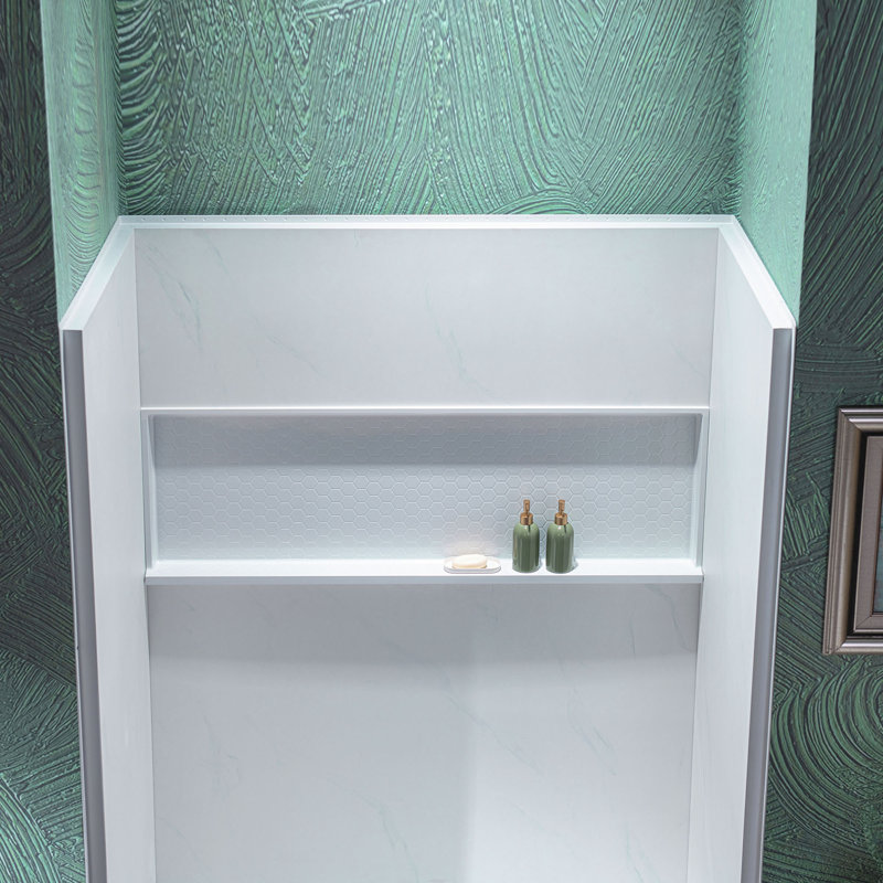 60" W x 32" D x 77“H Shower Combo Kit with Glue-Up Carrara White Shower Wall Panels and Center Drain Location White Shower Base