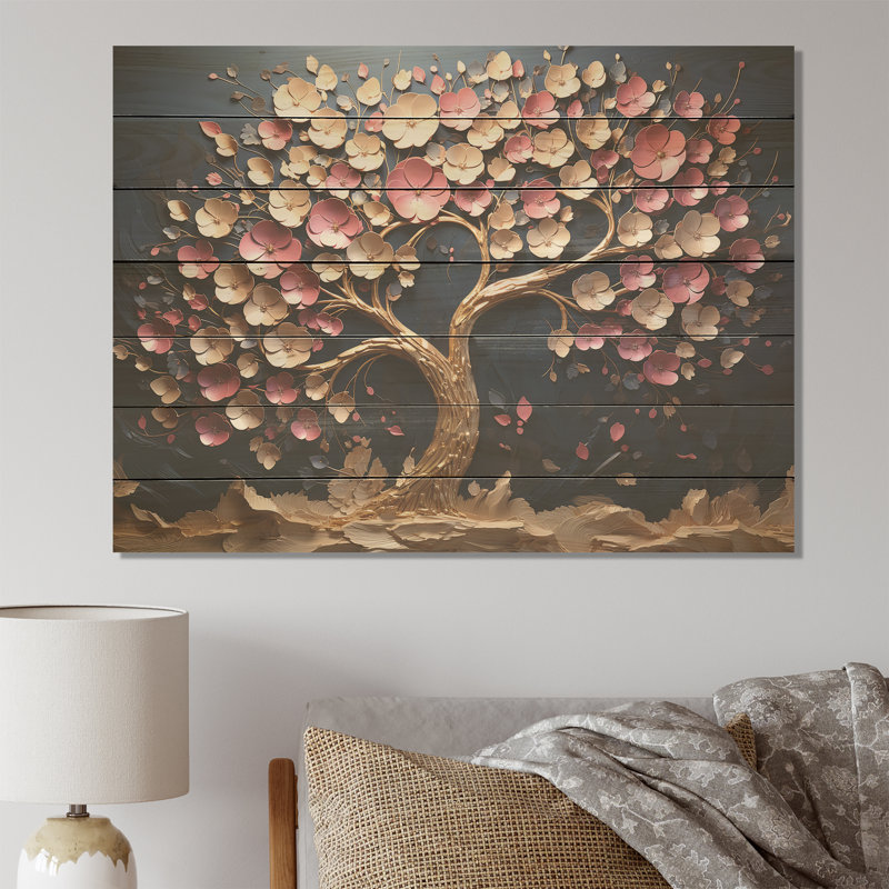 Pink And Gold Orchid Tree Garden Of Branches IV - Tree On Wood Print, 10" H x 20" W x 0.78" D