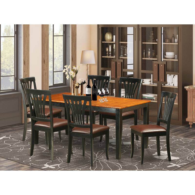 Ensemble de table de salle à manger 7 pièces moderne composé d'une table rectangulaire en bois avec feuille papillon et 6 chaises de salle à manger en similicuir, noir et cerise