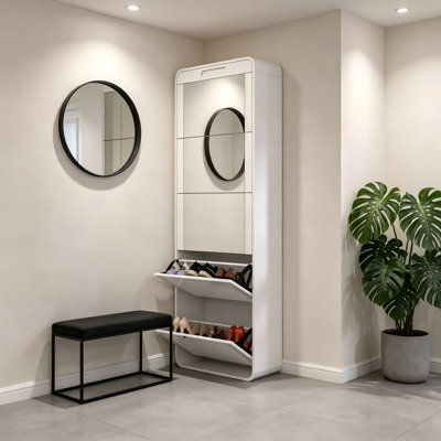 Modern Shoe Cabinet With Mirror & Arc Corner Design – Entryway & Bedroom Storage Solution