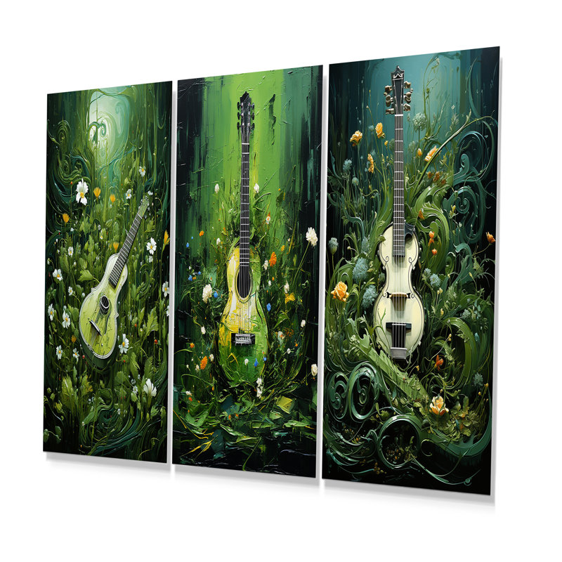 «Music Guitare Meadows Grass Green», ensemble de 3 reproductions d'art en métal, H 32 po x l 48 po