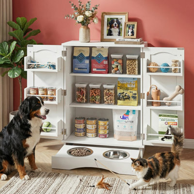 Dog Feeding Station, Dog Food Storage Cabinet With Hidden Dog Bowls, Adjustable Shelf, Hooks, Pet Storage Cabinet For Cats And Dogs