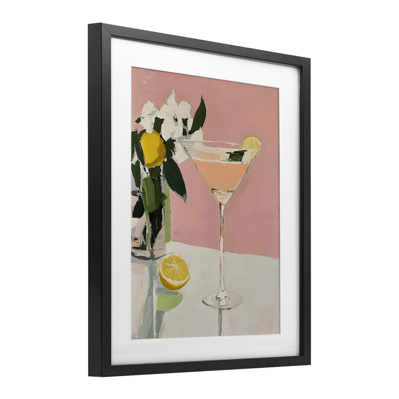 «Pink Cocktail» avec citrons, reproduction sous verre, conception de Riley B, H 16 po x l 13 po, Cadre noir minuit
