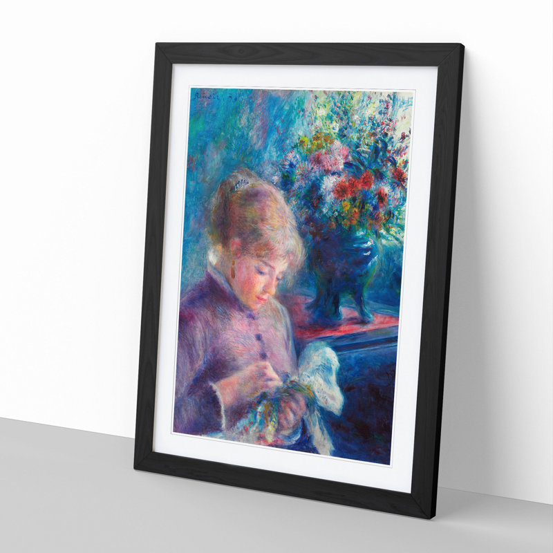 Young Woman Sewing by Pierre-Auguste Renoir - Picture Frame Painting, 36cm H x 27cm W x 2cm D, Black Framed