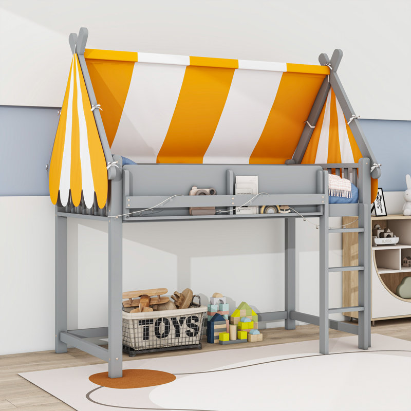 Lit mezzanine en bois avec auvent, lumière DEL et échelle, Gris, Lit simple