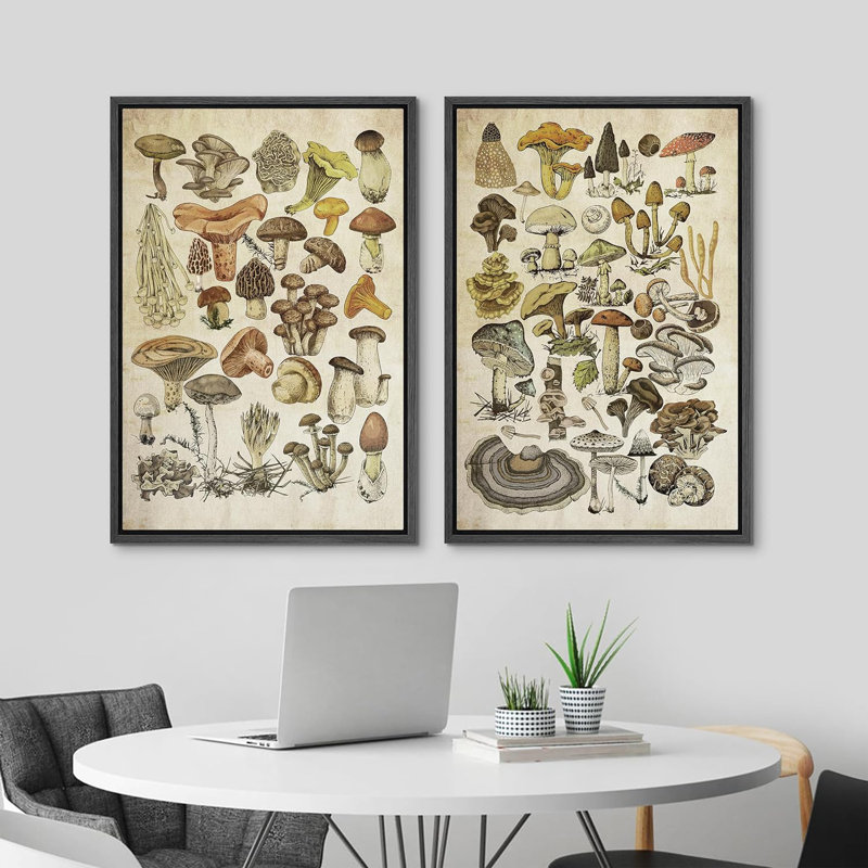Abstrait botanique champignon rustique, œuvre d'art de cuisine rétro encadrée sur toile 2 pièces, art mural, Noir