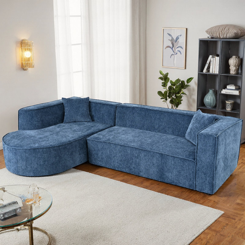 Canapé modulaire incurvé en forme de L de 109 po de style moderne | Chenille infroissable, mousse haute densité + ressorts ensachés, 2 coussins décoratifs, assemblage sans outil