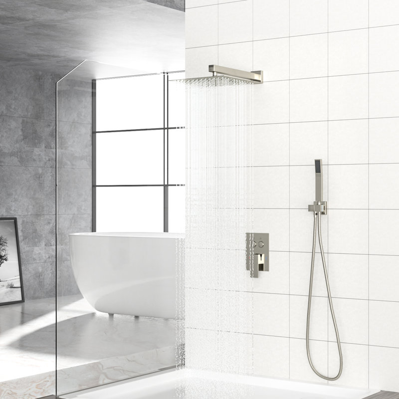 Système de douche nickel brossé à double tête - Fixation murale carrée de 10 pouces, - Équilibrée, pluie et douchette