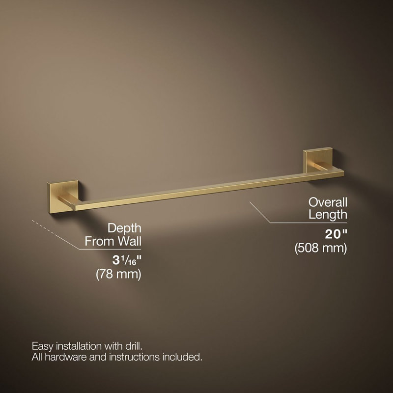 Square Towel Bar, Vibrant Brushed Moderne Brass, 18"W
