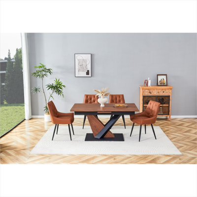Ensemble de salle à manger 5 pièces avec table de placage en bois aggloméré extensible et quatre chaises en similicuir, brun riche et noir, rectangle compact