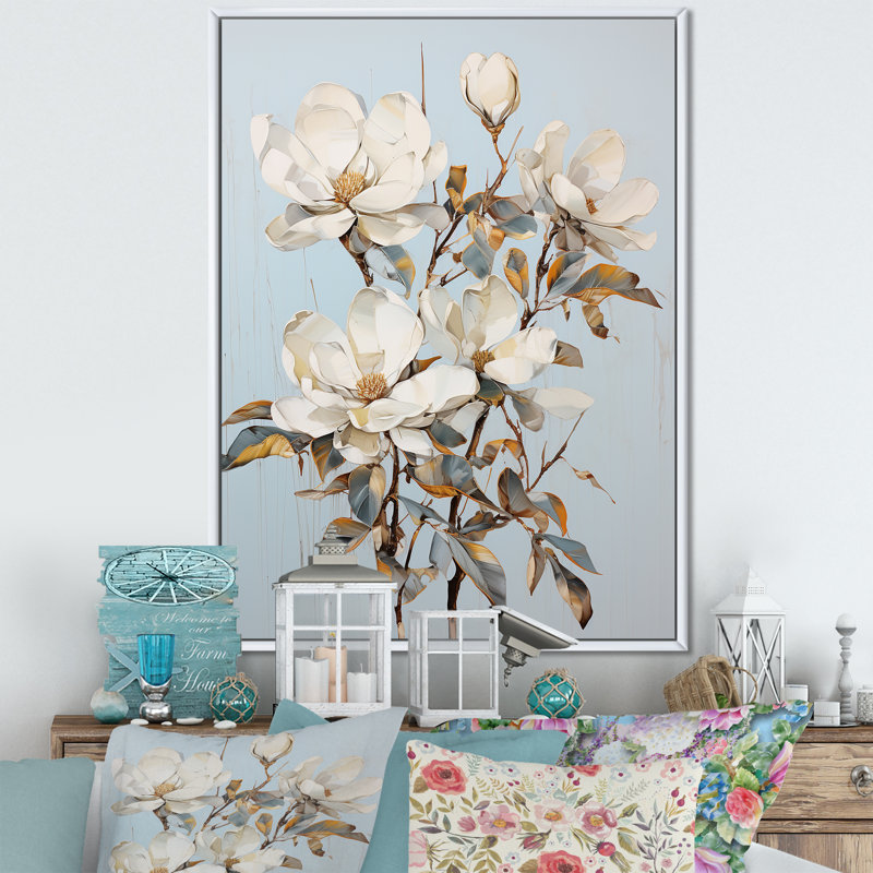 Magnifique paysage de rêve beige et doré Magnolia IV sur toile, Cadre flottant blanc, H 32 po x l 16 po