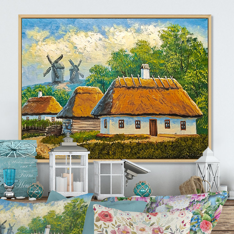 Vieux village rustique, paysage, art mural traditionnel, 30" H x 40" W x 1.5" D, Natural Floater Framed