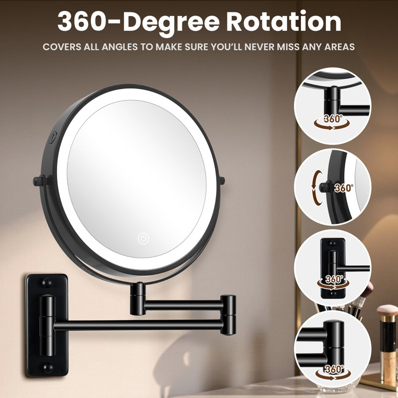 Miroir de maquillage mural 8 po à DEL, miroir de meuble-lavabo grossissant 1x / 10x avec bras pivotant et extensible à 360 °, à piles ou à brancher