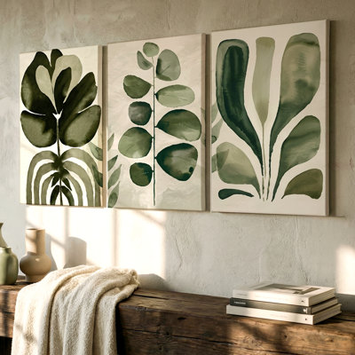 3 Pieces Botanical Leaf Large Wall Art in Green Tones for Modern Decor, Three Pieces Wall Art for Living Room, Bedroom, and Office Decor, Framed Look