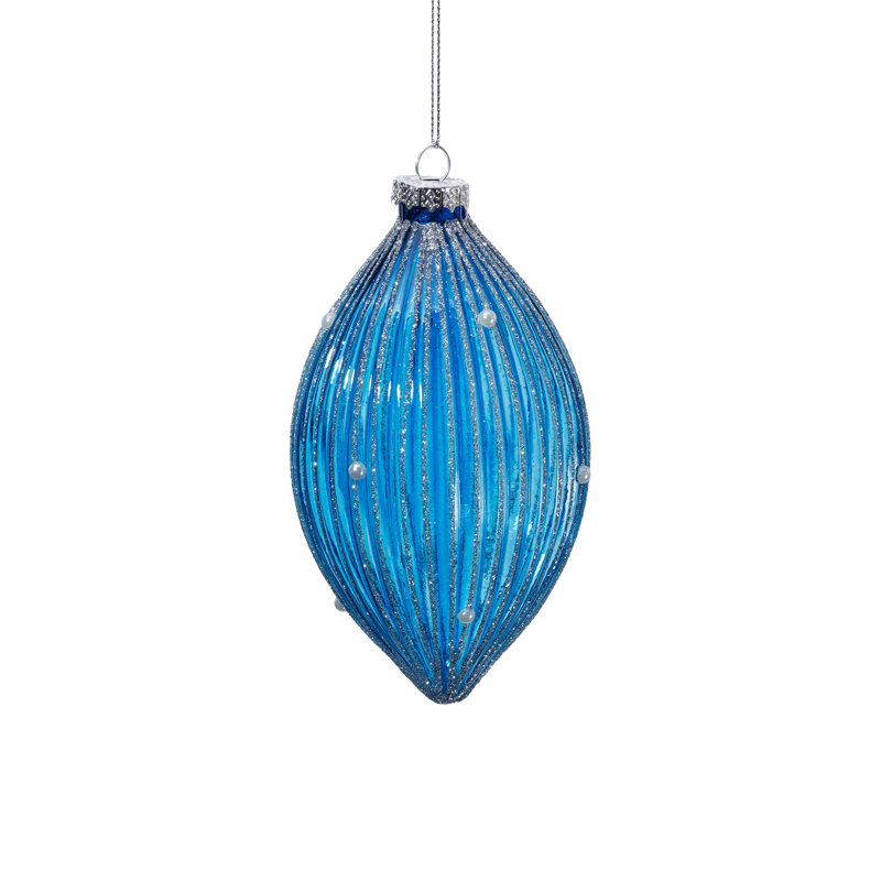 Ornements de Noël en verre saphir pailleté en forme de larme, lot de 6, 3,25 po x 5,75 po