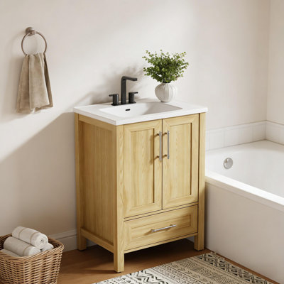 Meuble-lavabo pour salle de bain avec lavabo en céramique, portes d'armoire et tiroir pour la salle de bain et le jardin