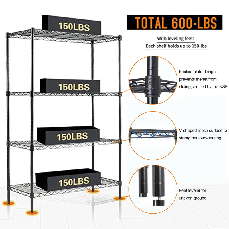Black 4-Tier Adjustable Steel Wire Storage Shelf