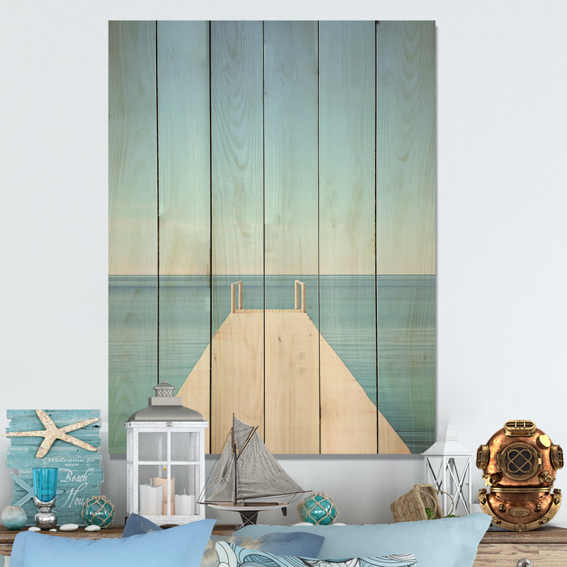 Coastal Blue Pier Perspect I - Art mural en bois côtier sur bois de pin naturel, H 40 po x l 30 po