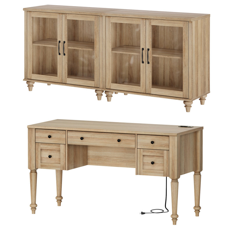 Ensemble de bureau 2 pièces, bureau double 56 po et ensemble de 2 armoires avec porte vitrée, Chêne