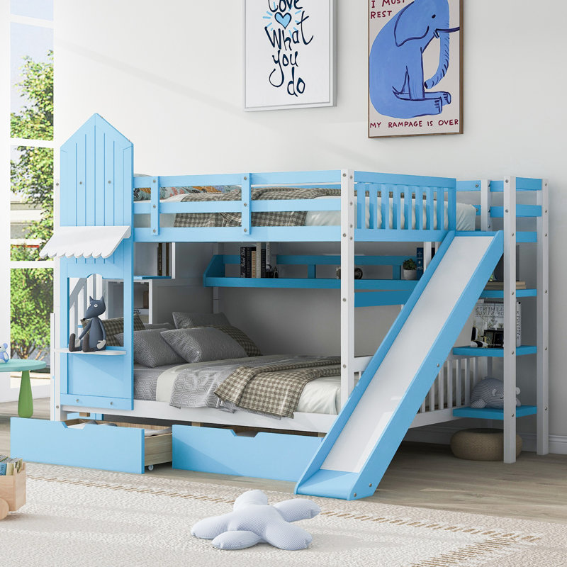 Lit superposé de style château avec 2 tiroirs et 3 glissières , Bleu, Lit superposé double sur double