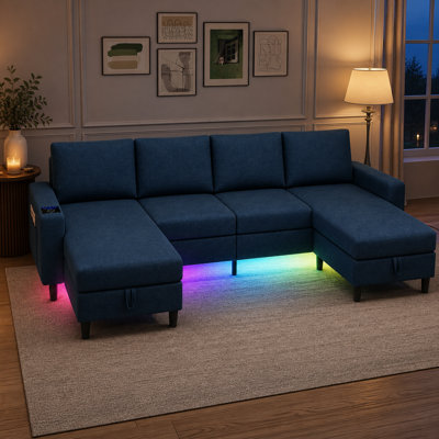 Canapé modulaire en U réversible 5 pièces avec repose-pieds de rangement, recharge sans fil et lumières RVB
