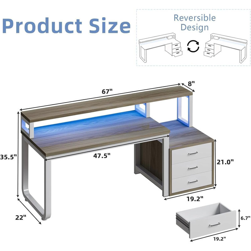 Computer Desk with Power Outlet, Walnut/White