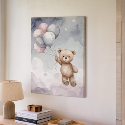 Canvas Wall Art Teddy Bear With Balloons Canvasplayful Nursery Ready To Hang Gallery Wrapped Home Decor Modern Design Premium Quality