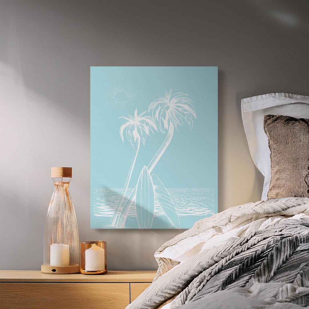 Coastal Beach Palm Tree Surfboards Canvas Wall Art, Minimalist Ocean Summer Vibe Home Decor Print