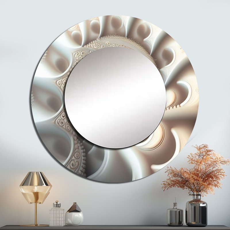 White Fractal Spiraling II - miroir décoratif géométrique, miroir mural rond blanc, impression d'art en métal, 36 po x 36 po