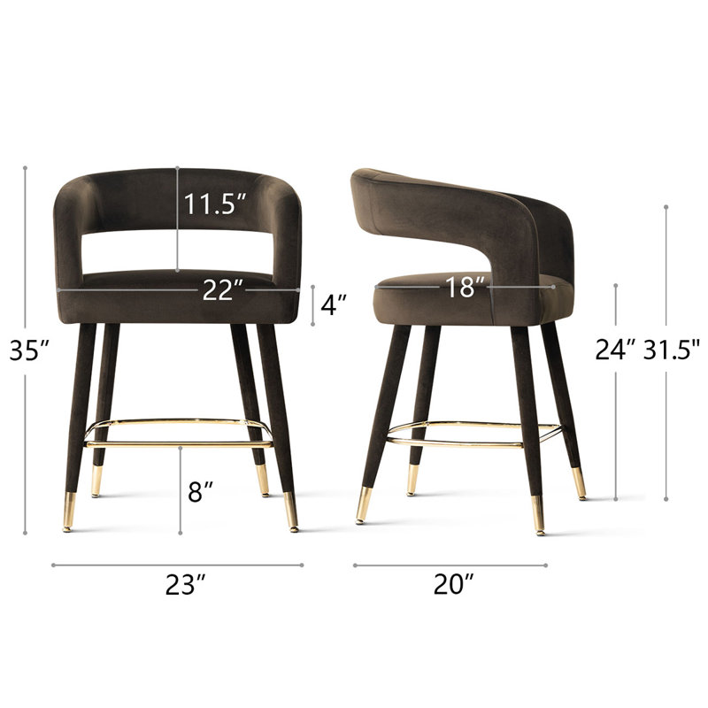 Velvet Upholstered Counter Height Bar Stools With Gold Footrest, 24" Seat Height Kitchen Island Bar Chairs, Chocolate Brown
