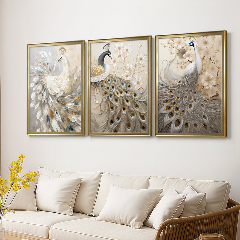 ANIMALS Series CCLV - Toile tendue avec châssis sur mesure - 3 pièces, H 27 po x l 39 po, Doré