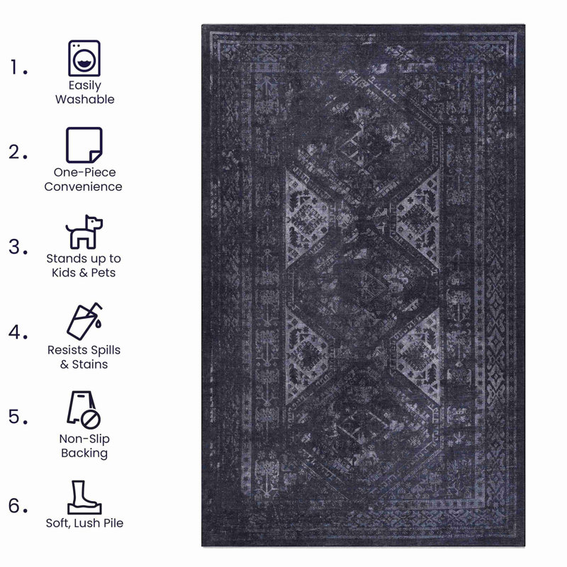Black+Gray Washable Area Rug, Runner 2' x 9'