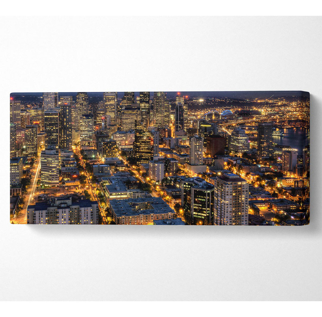 Seattle bei Nacht von der Space Needle aus - Panorama-Kunstdrucke auf Canvas-Leinwand