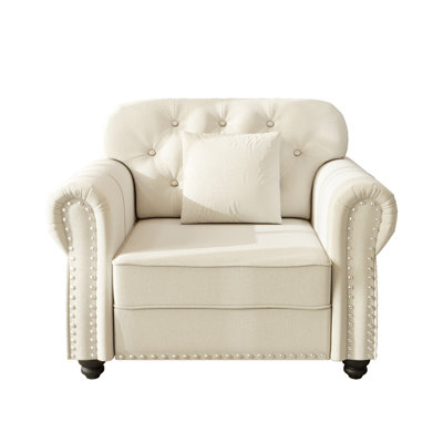 Canapé Chesterfield de 41,3 po en velours avec garniture cloutée et accoudoirs roulés, canapé de style Mid-Century moderne capitonné avec boutons, beige / blanc